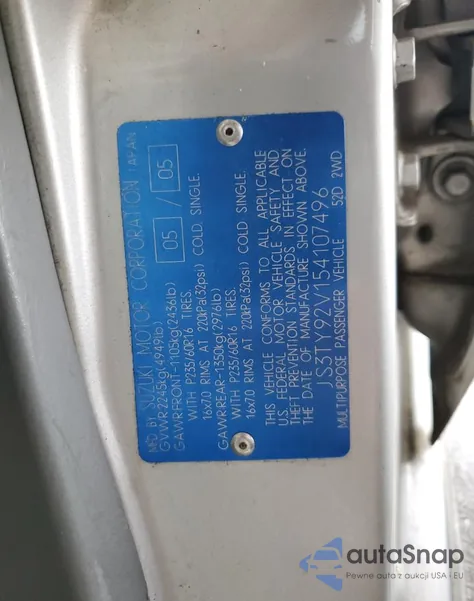 2005 Suzuki Xl7 Ex из США, поврежденный, VIN JS3TY92V154107496